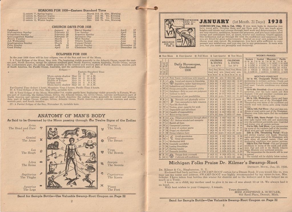 Swamp-Root Dream Book and Almanac - Dr. Kilmer & Co. - Booklet, c. 1938 - January Horoscope