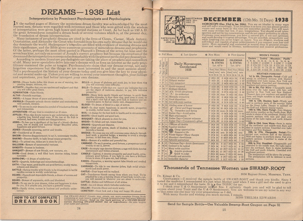 Swamp-Root Dream Book and Almanac - Dr. Kilmer & Co. - Booklet, c. 1938 - Dreams List