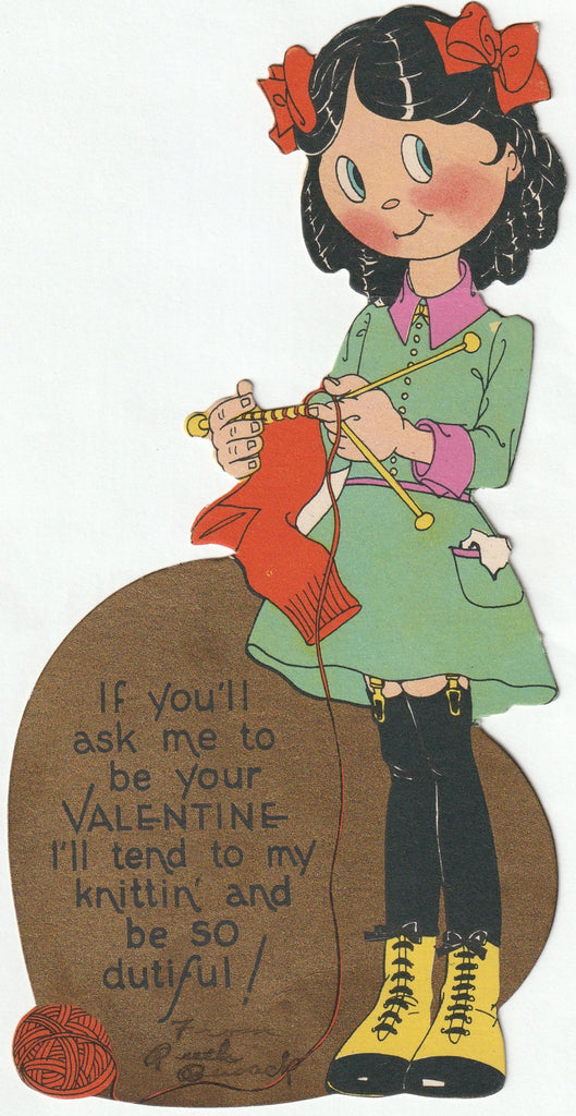 Tend To My Knitting and Be Dutiful - Valentine Card, c .1930s