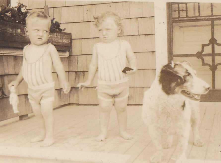 Toddle Twins and Dog Vintage Snapshot Close Up