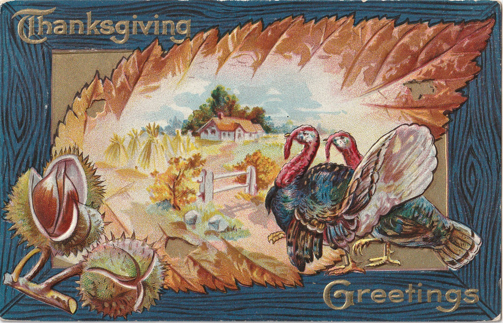 Thanksgiving Greetings - Turkeys and Chestnuts - Postcard, c. 1900s