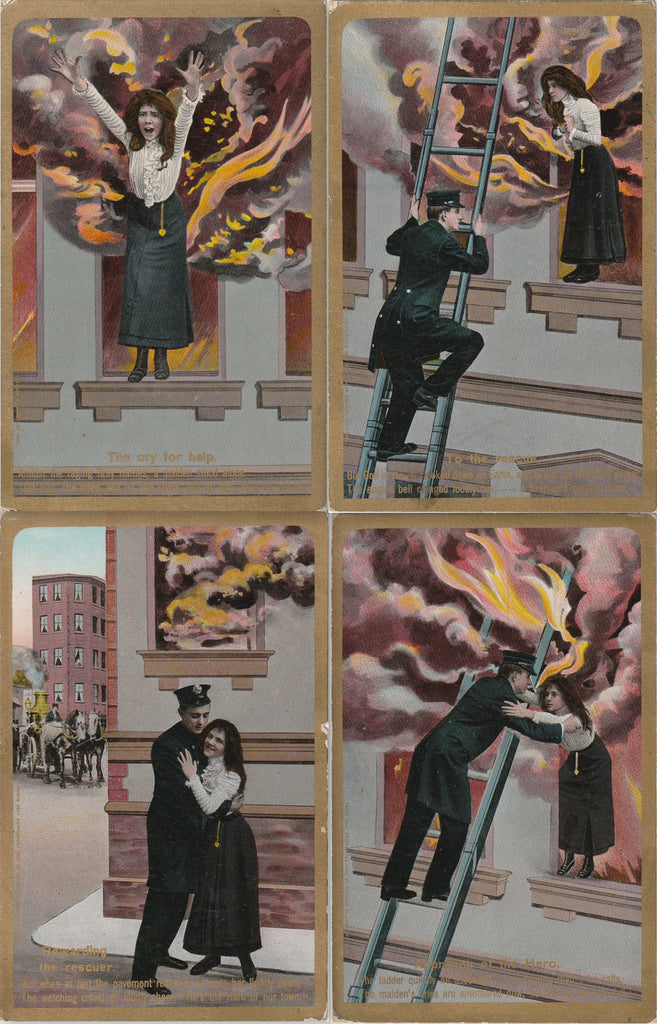 The Cry For Help - Fireman to the Rescue - Theodor Eismann - Theochrom Serie No. 1167 - SET of 4 - Postcards, c. 1909
