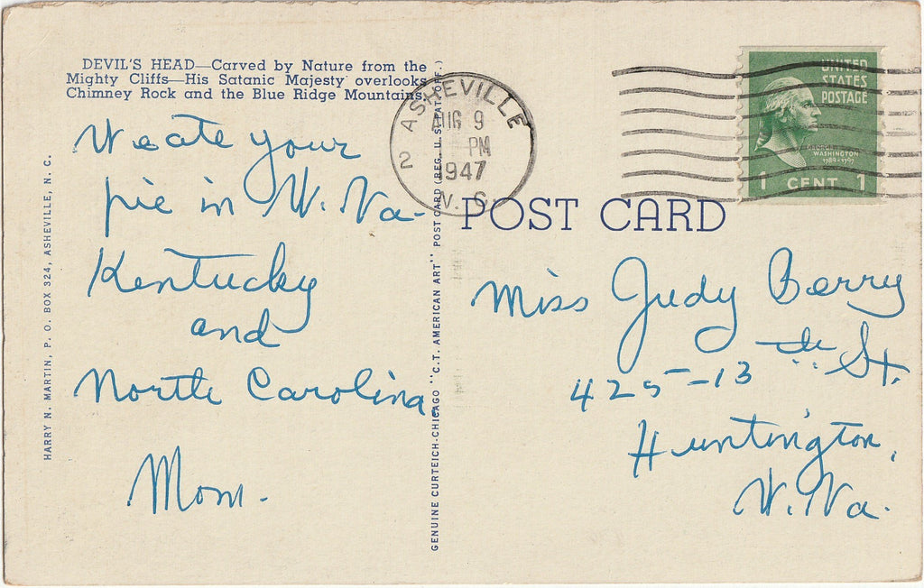 The Devil's Head - Rocky Broad River - Chimney Rock Section, North Carolina - Postcard, c. 1940s Back