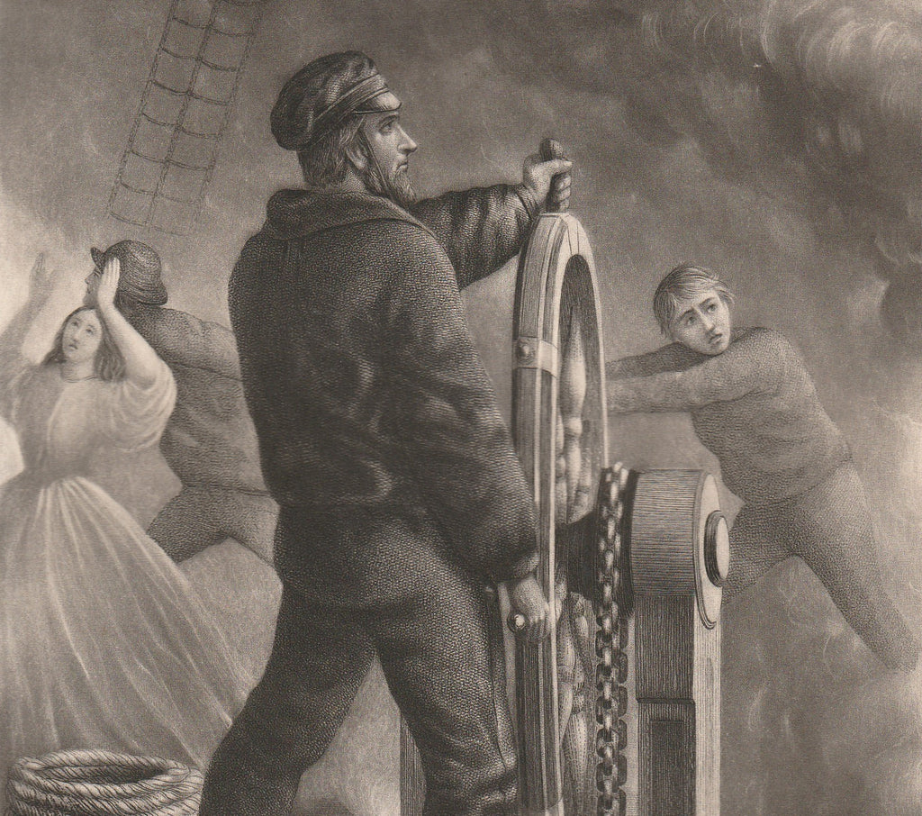 The Faithful Pilot on the Burning Steamship - Ladies Repository - Engraving Print, c. 1870s Close Up