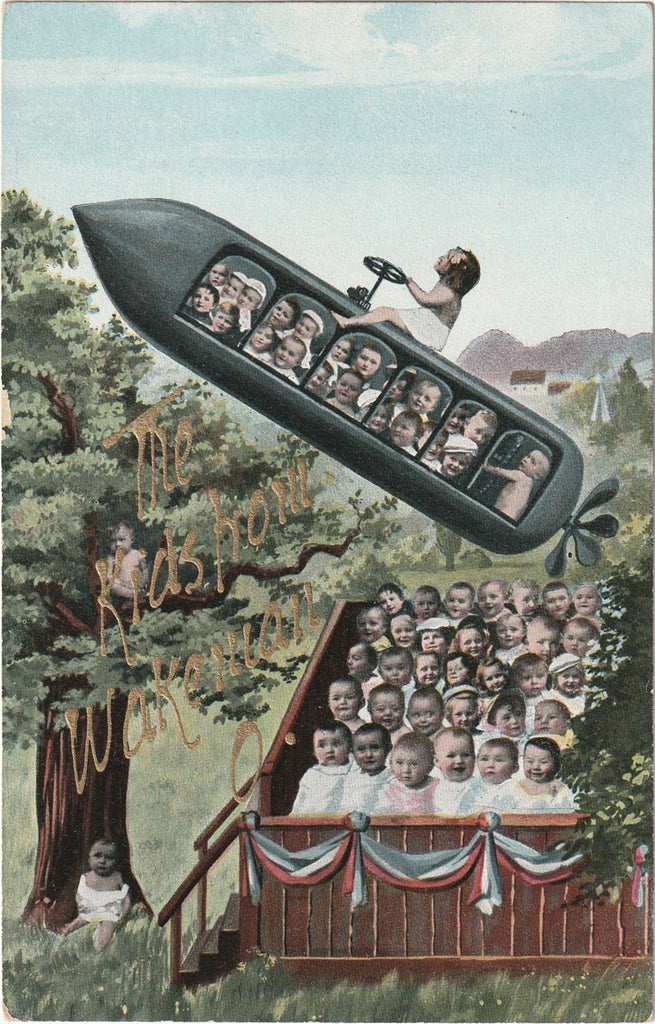 The Kids from Wakeman, Ohio - Baby Montage - Flying Submarine - Postcard, c. 1900s