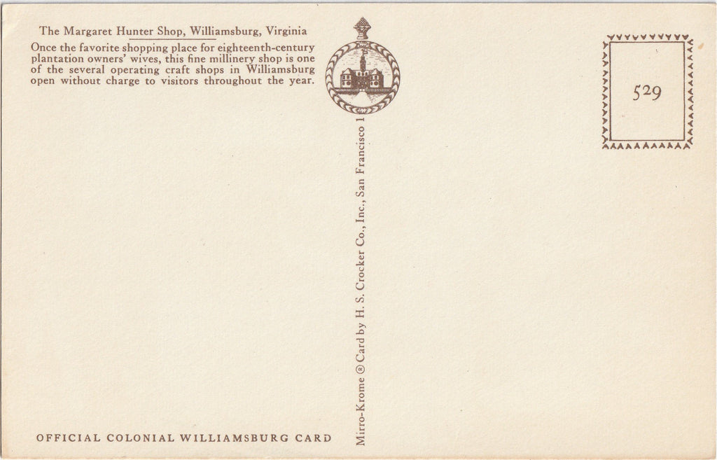 The Margaret Hunter Shop Williamsburg Virginia Postcard Back