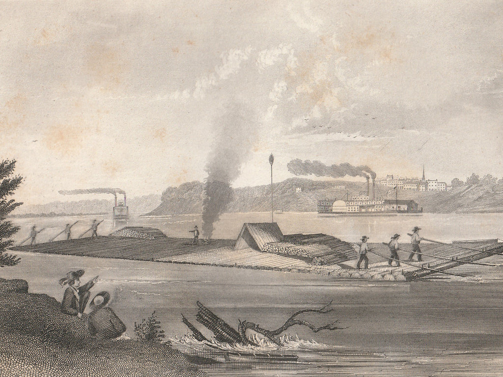 The Mississippi Raft Near Port Gibson - Nat. Kinsey - Middleton, Wallace & Co. Printers - Engraving Print, c. 1860s Close Up