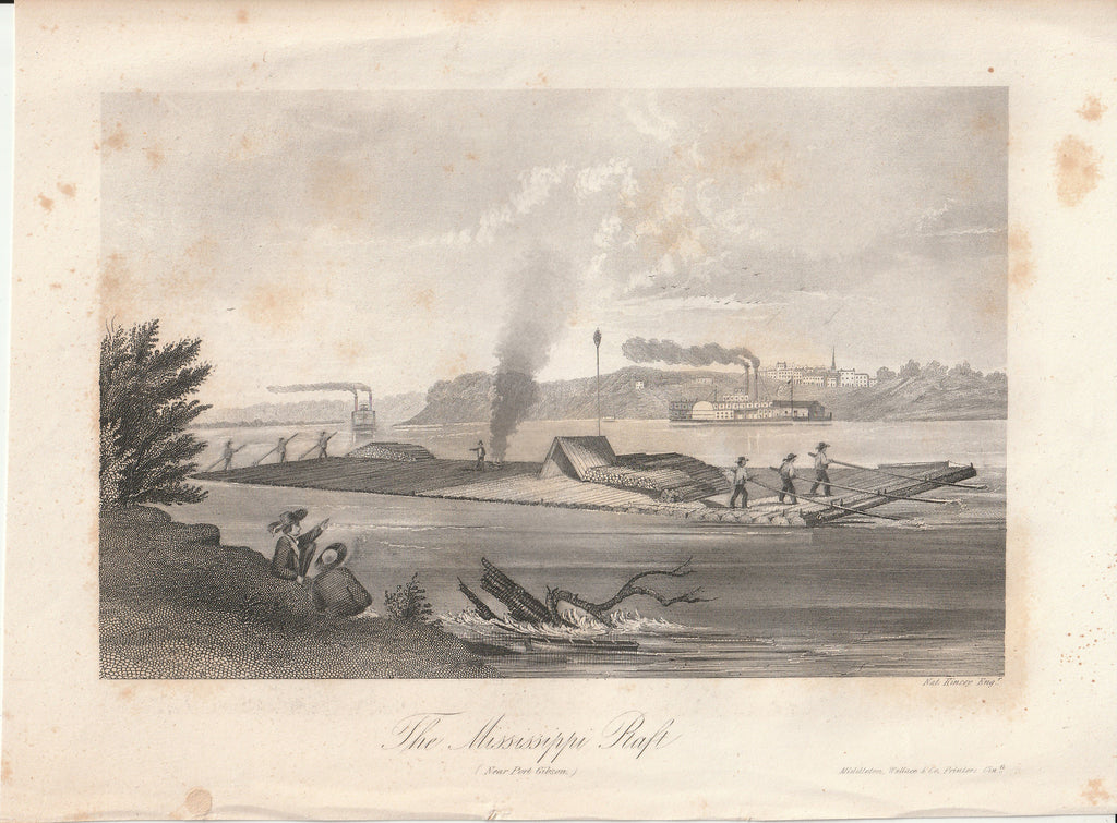 The Mississippi Raft Near Port Gibson - Nat. Kinsey - Middleton, Wallace & Co. Printers - Engraving Print, c. 1860s