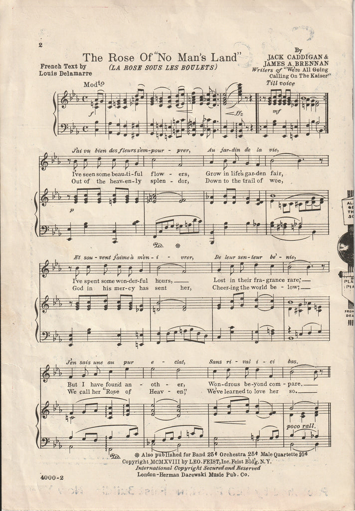 The Rose of No Man's Land - Jack Caddigan - James A. Brennan - Leo Feist - Sheet Music, c. 1918