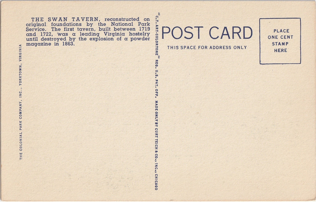The Swan Tavern Yorktown Virginia Postcard Back