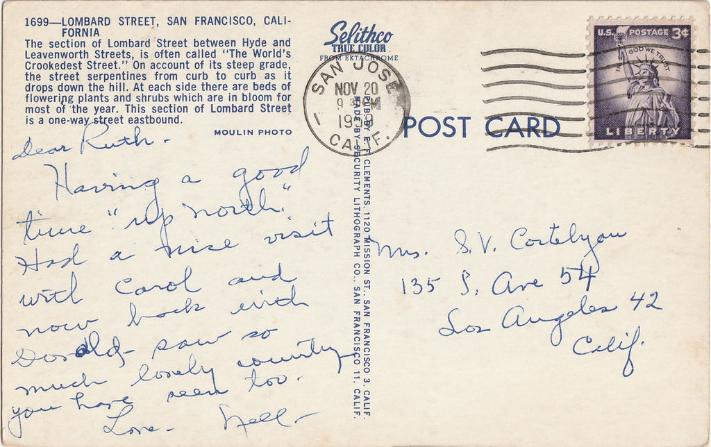 The World's Crookedest Street San Francisco California Postcard Back