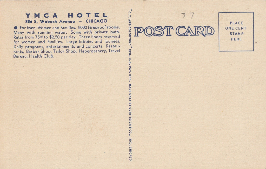 The Cafeteria YMCA Hotel Chicago Postcard Back