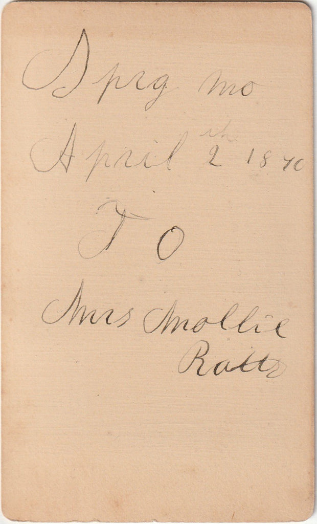 To Mrs. Mollie Ratts - April 2nd, 1870 - Spring, MO - Victorian Baby - CDV Photo - Back