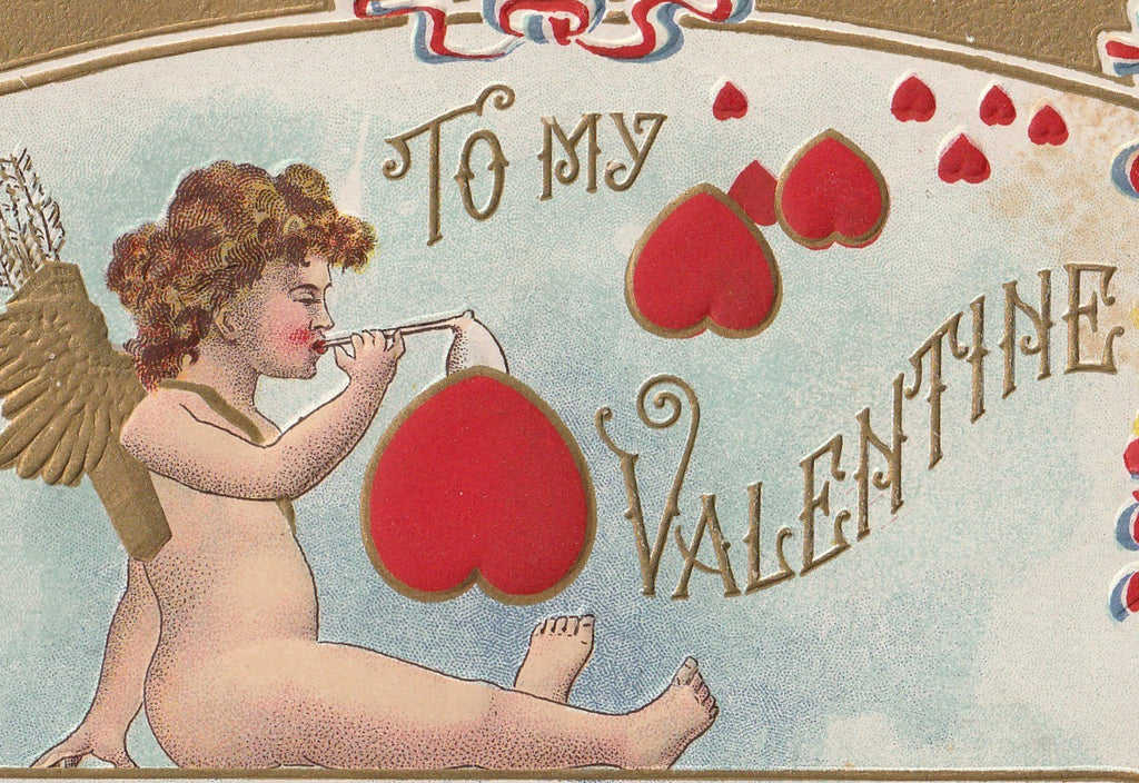 To My Valentine - Smoking Cupid - Postcard, c 1900s Close Up
