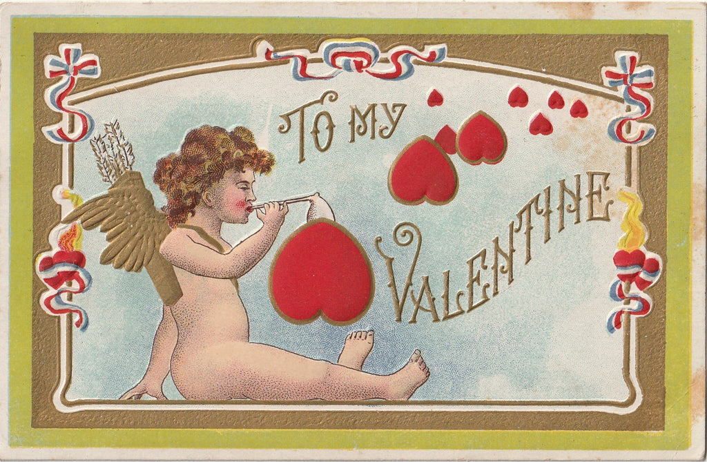 To My Valentine - Smoking Cupid - Postcard, c 1900s
