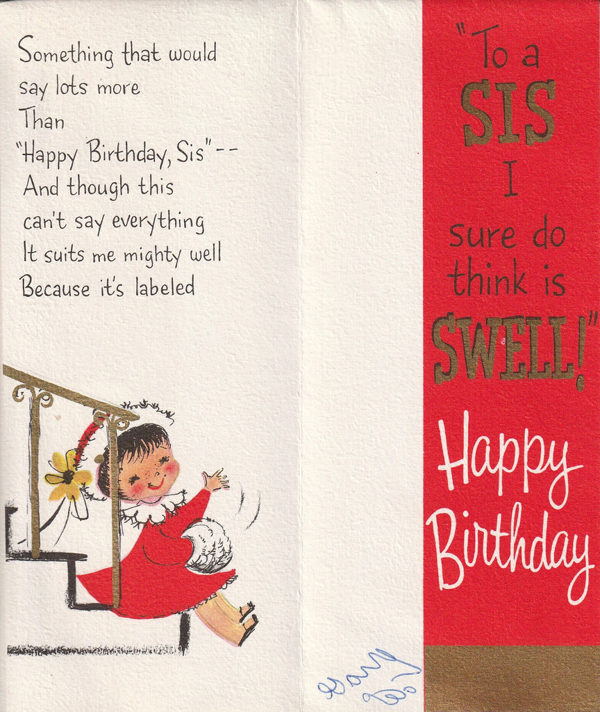 To a Swell Sis, Happy Birthday - Slim Jims Hallmark Card, c. 1950s Inside