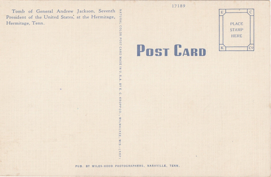 Tomb of Andrew Jackson Hermitage TN Vintage Postcard Back