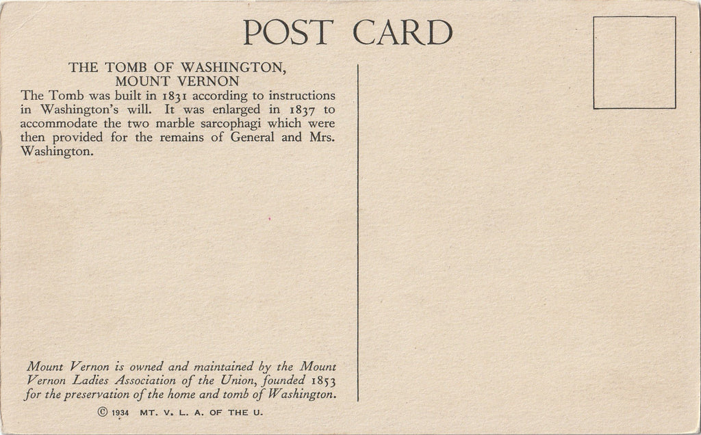 Tomb of Washington Mount Vernon Virginia Postcard Back