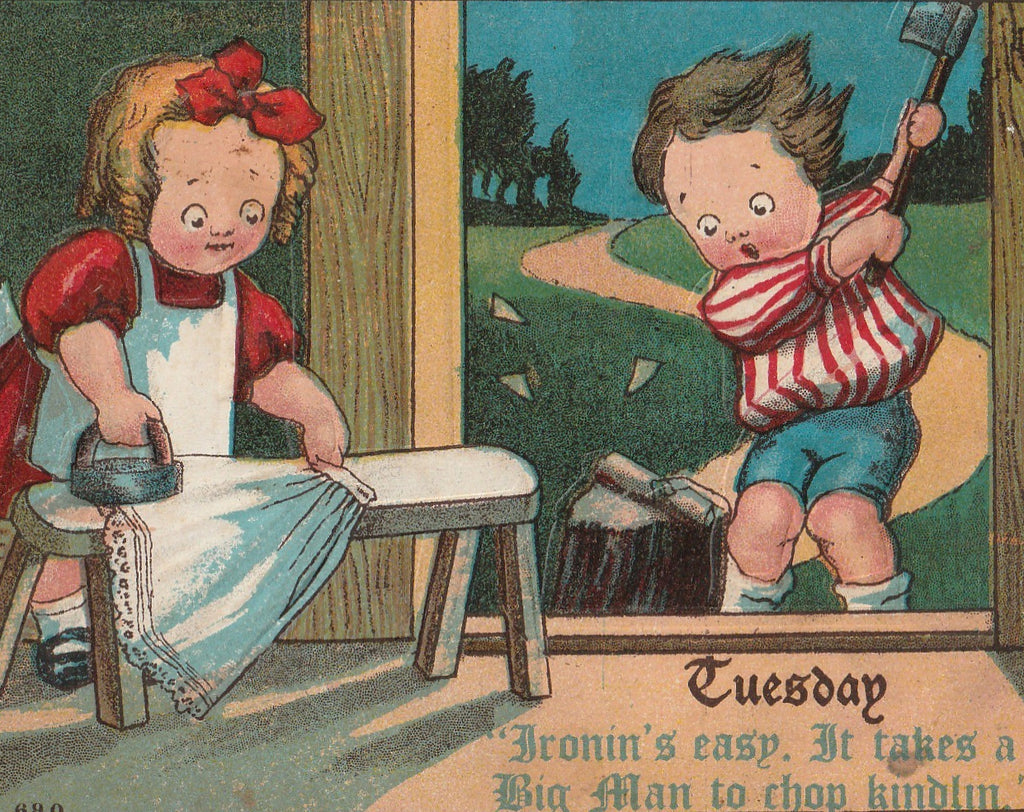 Tuesday Ironin's Easy Takes a Big Man to Chop Kindlin Antique Postcard Close Up