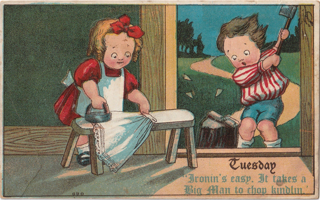 Tuesday Ironin's Easy Takes a Big Man to Chop Kindlin Antique Postcard