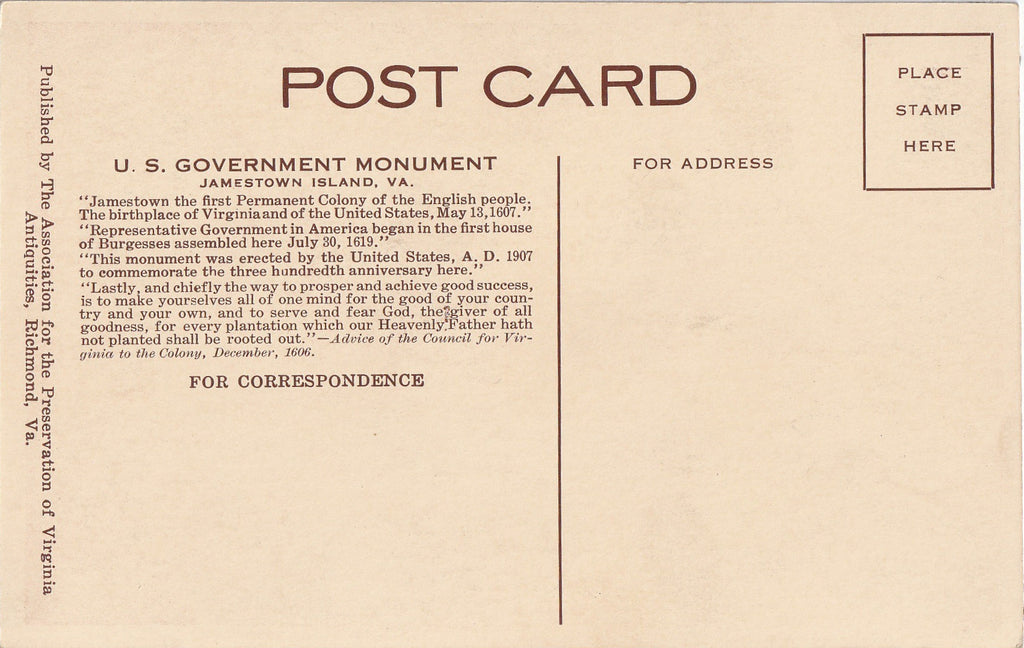 U. S. Government Monument Jamestown Island VA Postcard Back