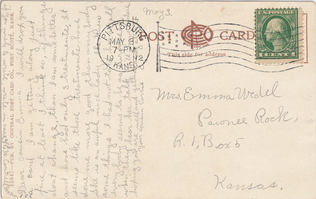 U. S. Post Office - Pittsburgh, Kansas - Postcard, c. 1910s Back