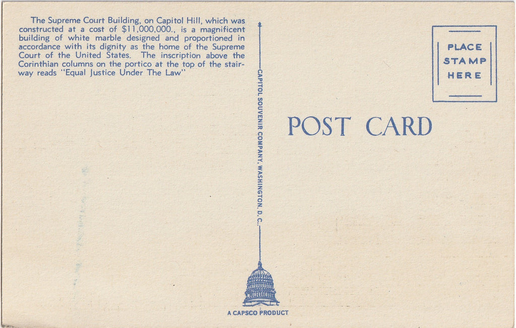 U. S. Supreme Court Linrary of Congress Washington D. C. Postcard Back