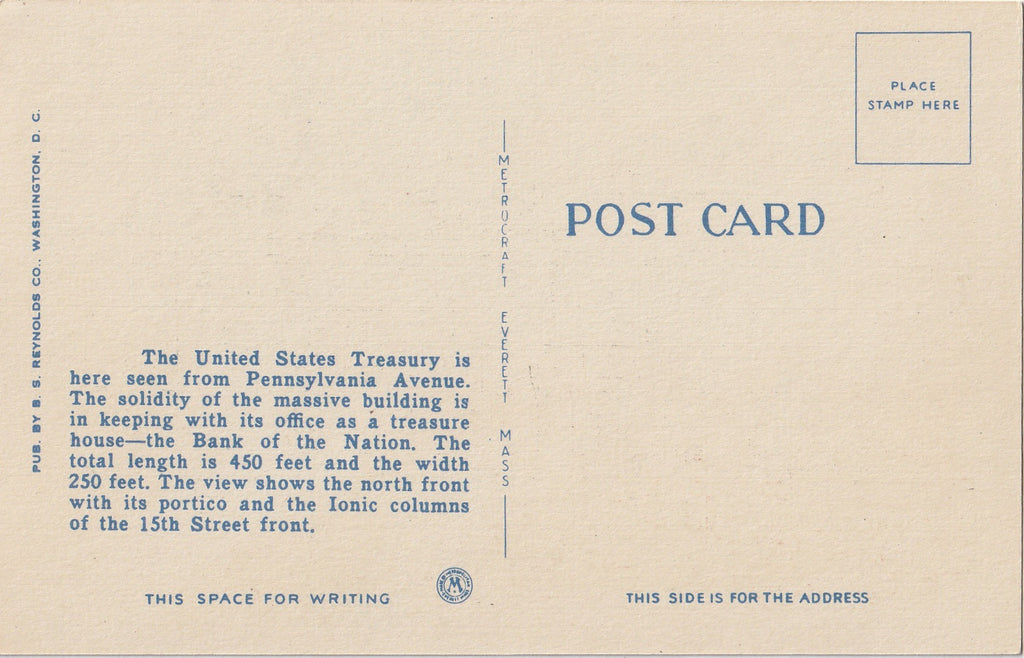 U. S. Treasury Washington D.C. Vintage Postcard Back