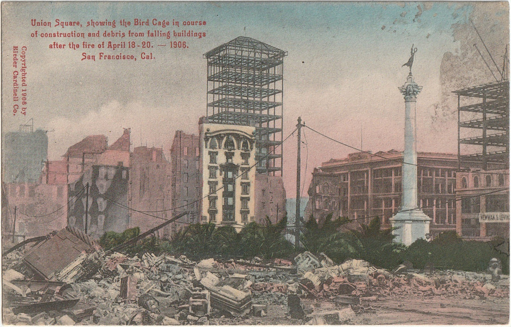 Union Square Showing Bird Cage - Debris from Falling Buildings - San Francisco Earthquake and Fire 1906 - M. Rieder - Postcard, c. 1900s