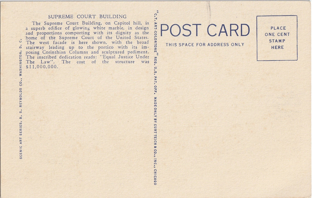 United States Supreme Court Building Vintage Postcard Back