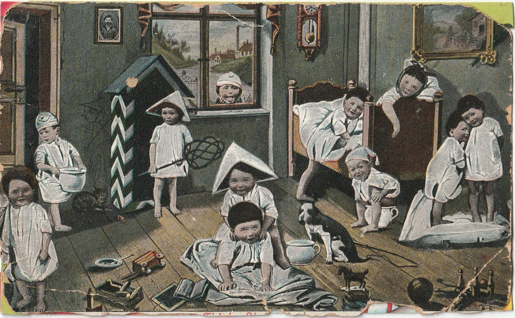 Evening Play - Unruly Edwardian Children - Babies Montage - Postcard, c. 1900s
