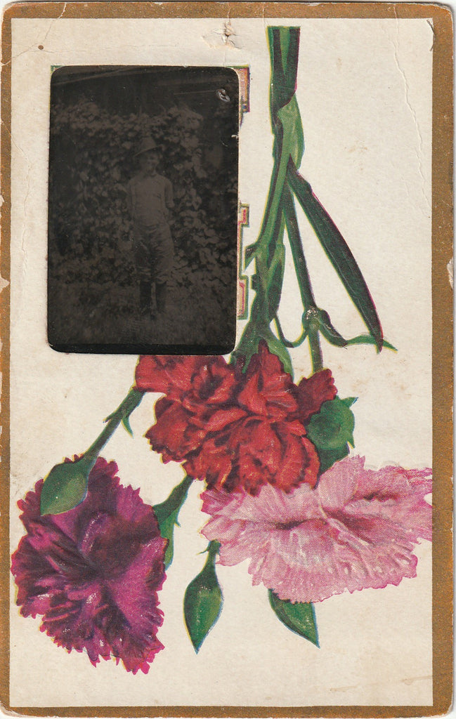 Upside Down Carnations - Tintype Photo - Altered Postcard, c. 1900s
