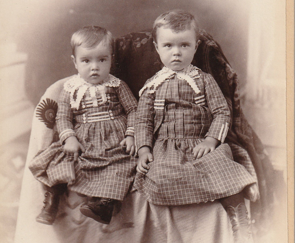 Victorian Boys in Matching Dresses - Haxrun, CO - Cabinet Photo, c. 1800s Close Up