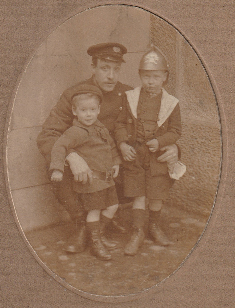 WWI British Officer Boy in Helmet Antique Cabinet Photo Close Up