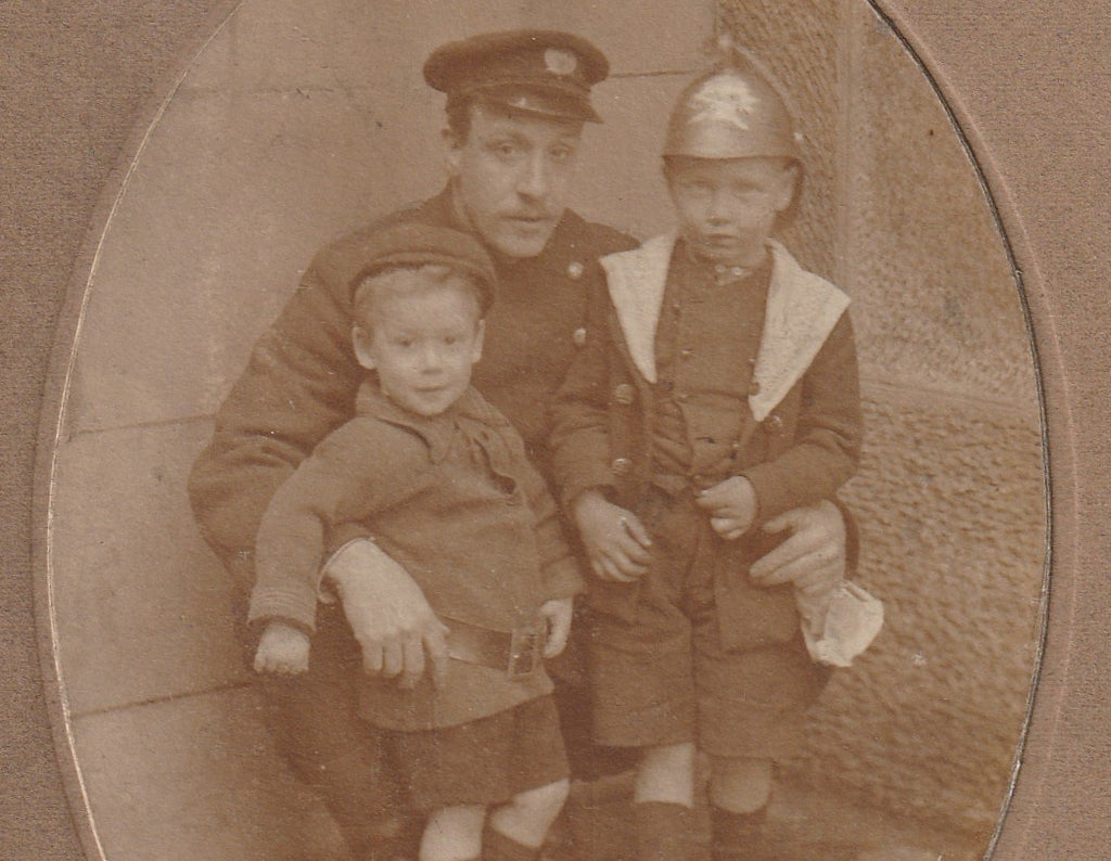 WWI British Officer Boy in Helmet Antique Cabinet Photo Close Up 4
