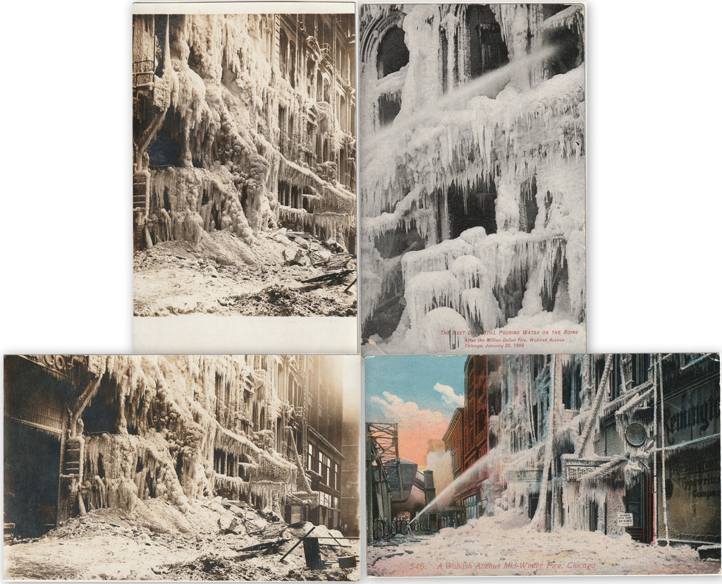 Wabash Ave. Million Dollar Fire - Chicago, IL - Jan. 28, 1908 - SET of 4 - Postcards and RPPCs