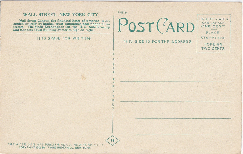 Wall Street New York City Antique Postcard Back