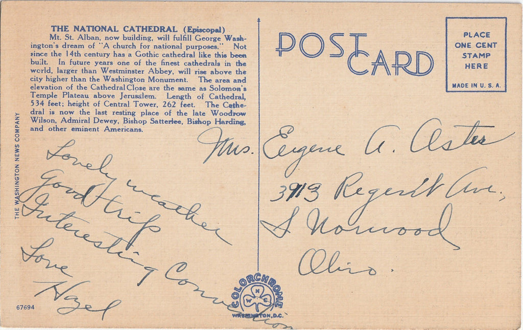 Washington Cathedral S. S. Peter and Paul Washington D.C. Postcard Back