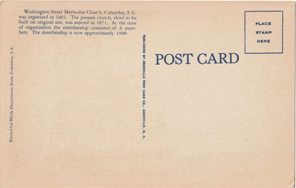 Washington Street Methodist Church - Columbia, South Carolina - Postcard, c. 1930s Back