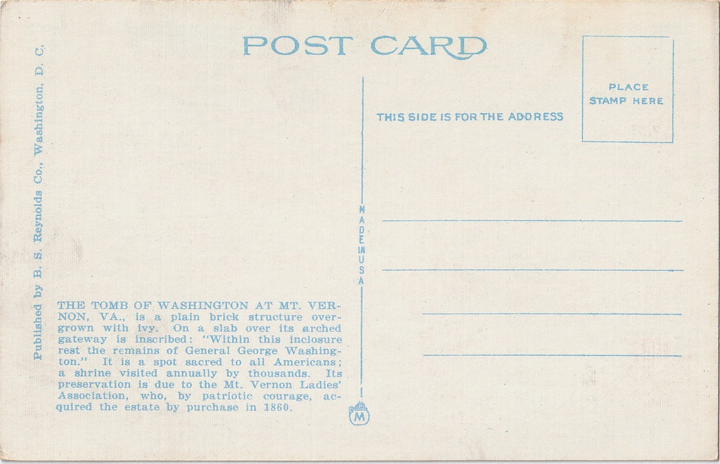 Washington's Tomb Mt Vernon VA Antique Postcard Back