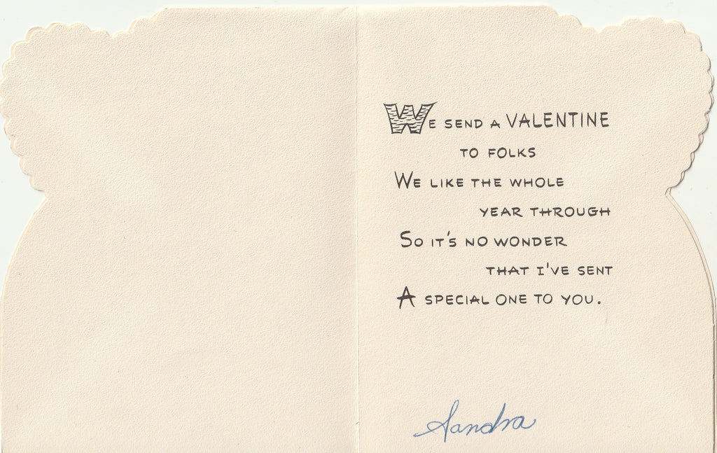 We Send a Valentine to Folks We Like - Rabbit Marching Band Drummer - American Greeting Card, c. 1940s Inside