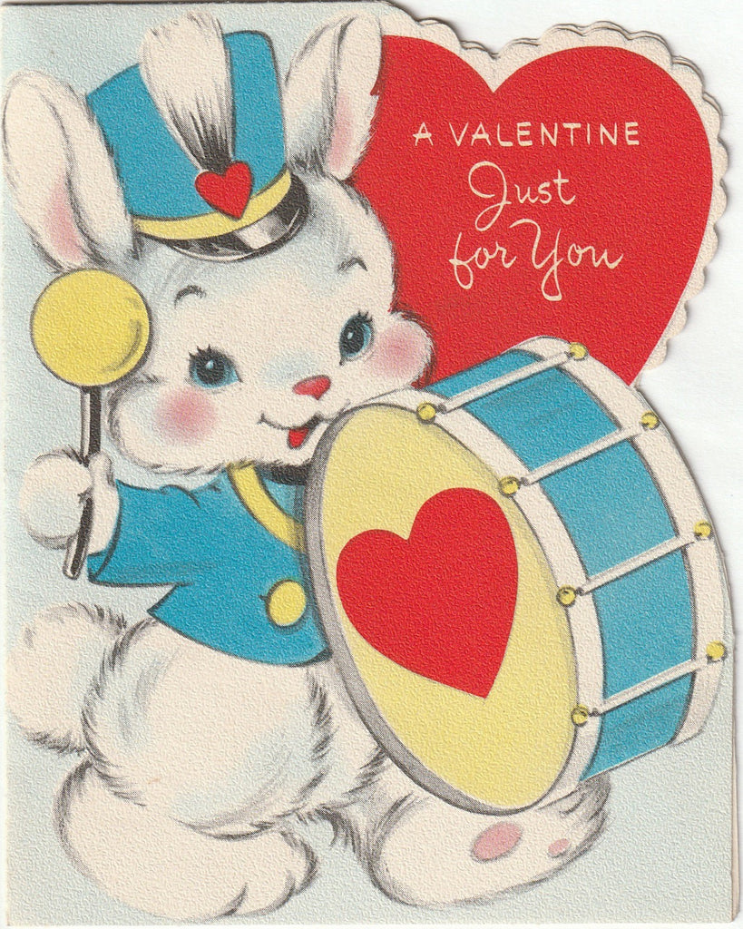 We Send a Valentine to Folks We Like - Rabbit Marching Band Drummer - American Greeting Card, c. 1940s