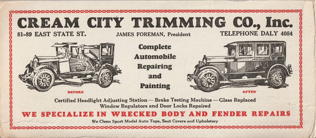We Specialize in Wrecked Body and Fender Repairs - Cream City Trimming Co., Inc. - Ink Blotter, c. 1920s