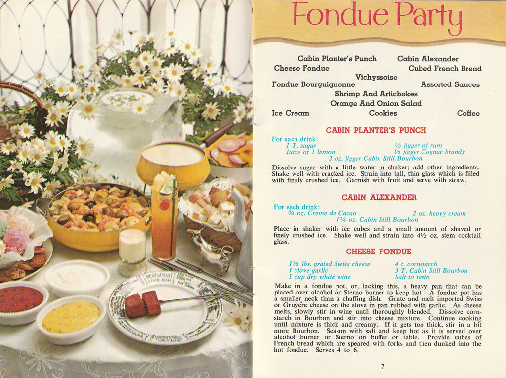 Welcome Neighbor Cabin Still Recipes - Margueritte M. Wright - Stitzel-Weller Distillery Kentucky Bourbon - Booklet, c. 1969 - Fondue Party