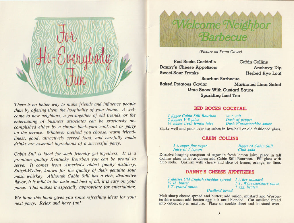Welcome Neighbor Cabin Still Recipes - Margueritte M. Wright - Stitzel-Weller Distillery Kentucky Bourbon - Booklet, c. 1969 - For High-Everybody Fun