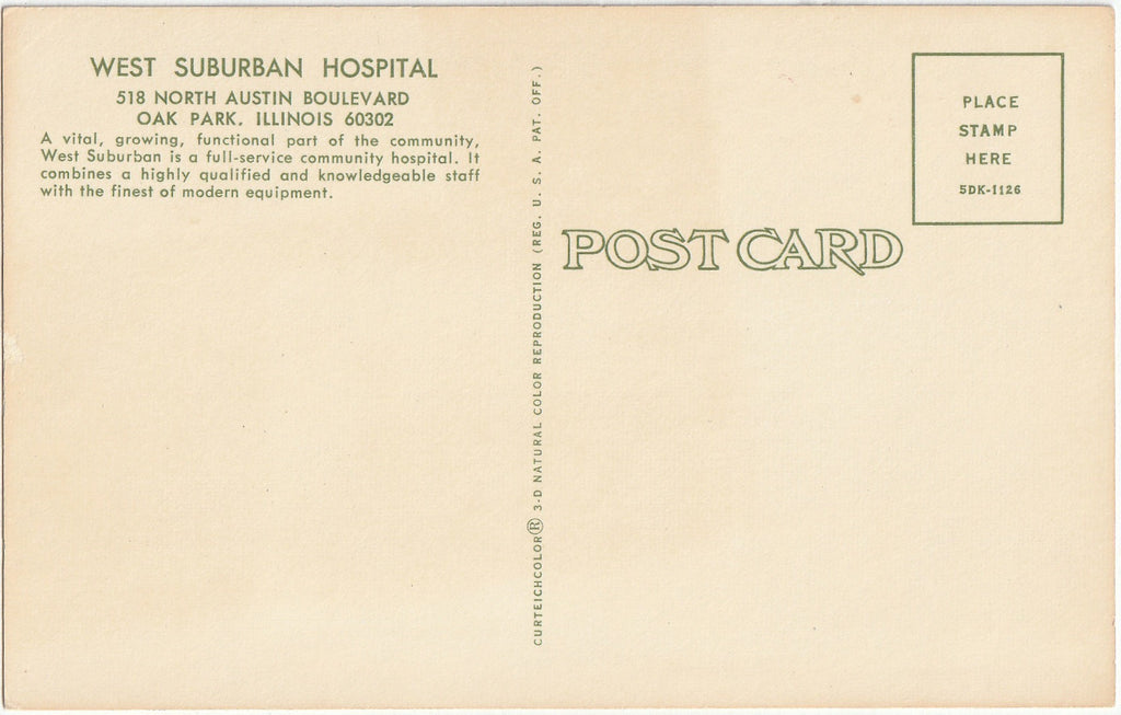 West Suburban Hospital - Oak Park, IL - Postcard, c. 1950s Back