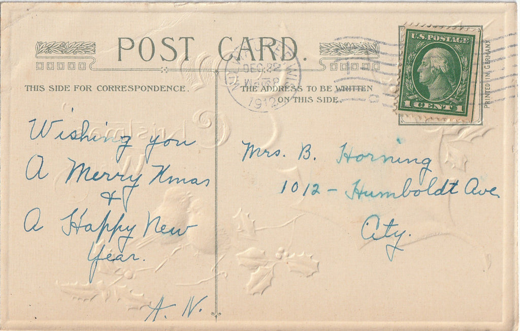 With Best Christmas Wishes - John Winsch - Postcard, c. 1912 Back