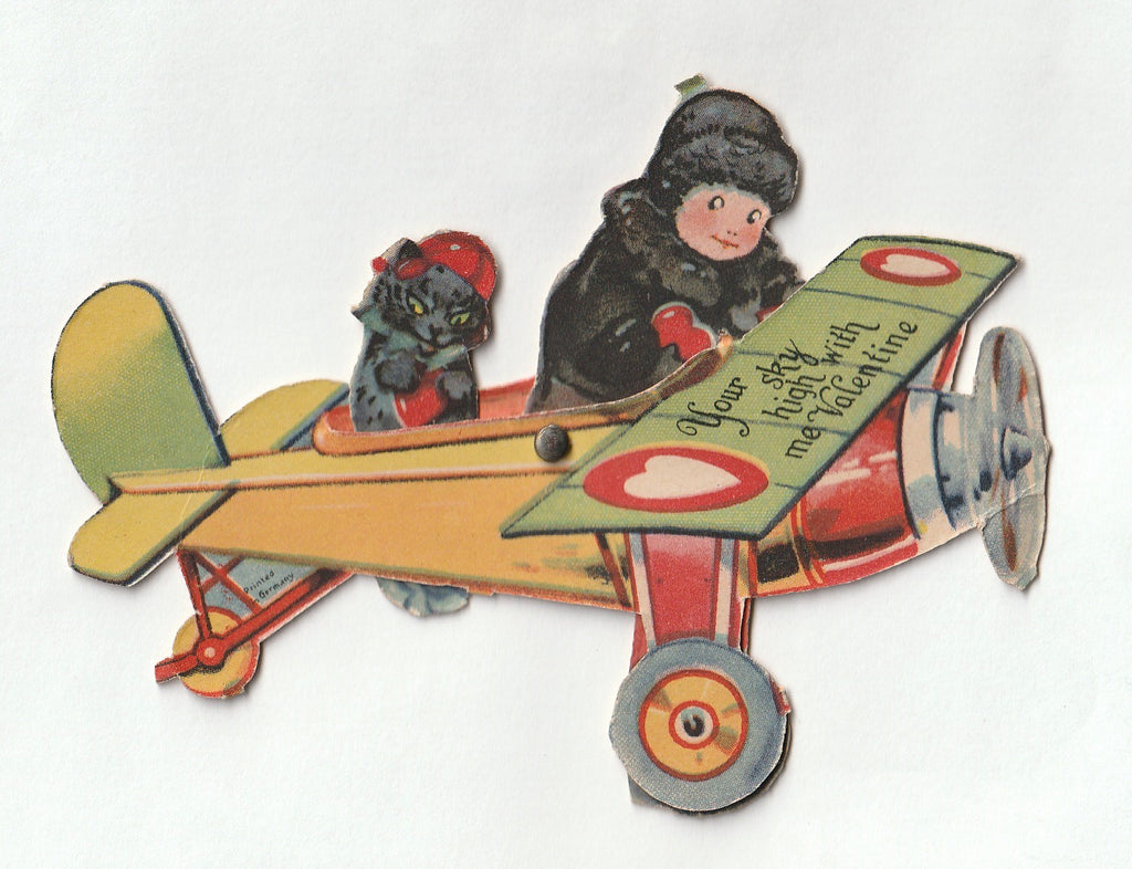 You're Sky High With Me Valentine - Black Cat - Biplane - Card, c. 1920s