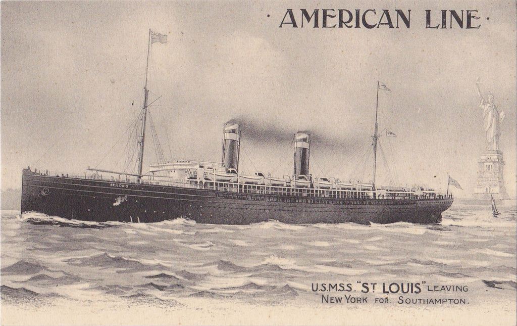 U.S.M.S.S. St. Louis- 1900s Antique Postcard- American Line- New York Harbor- Statue of Liberty- Steamship- Steamer Ship