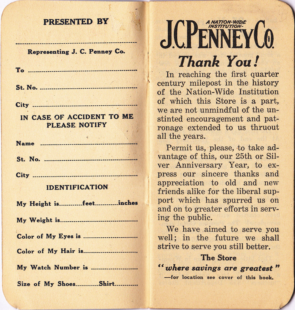 J C Penny 25th Anniversary 1927 Booklet Inside
